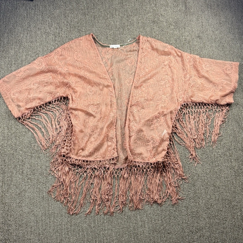 Coco + Jameson Sheer Embroidered Floral Fringe Kimono Womens M Boho Hippie Coral